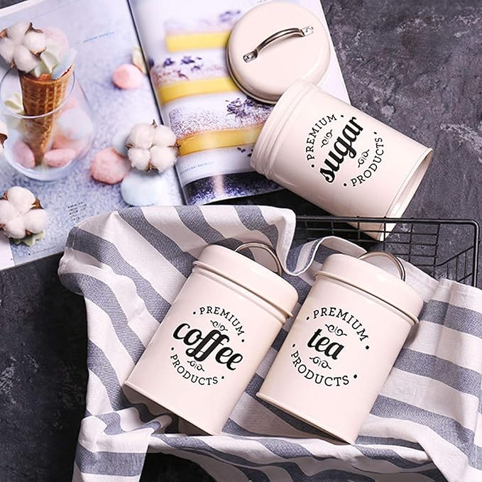 Hedume Set of 3 Airtight Kitchen Canister Decorations with Lids, Coffee, Tea, Sugar Metal Containers, Decorative Nesting Kitchen Canister Jars, Food Storage