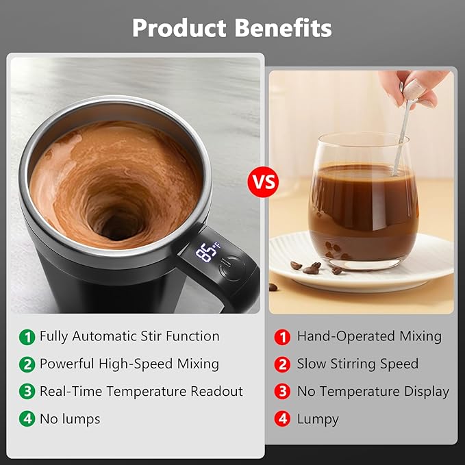 Self Stirring Coffee Mug with Temperature Display, 18 oz Rechargeable Self Stirring Mug with Lid, Automatic Self Stirring Cup, Coffee Mug with Stainless Steel for Coffee, Milk, Beverages, Black