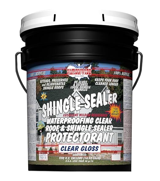 Shingle Sealer - Clear Waterproofing Roof Sealant Protectorant - Extends, Preserves and Rejuvenates Asphalt Shingle Roofs - High Solids - 7 Year -100% Acrylic - 5 Gallon