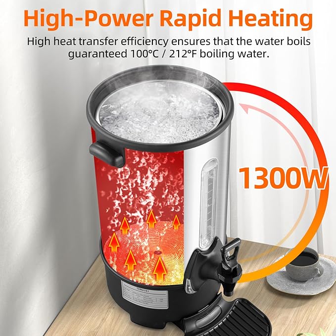 Commercial Coffee Urn, 110 Cup 1300W Hot Water Urn, 16L Large Coffee Maker, Dual Wall Stainless Steel Pot Hot Beverage Dispenser with Filter Basket & Temp Control for Catering, Business, Party