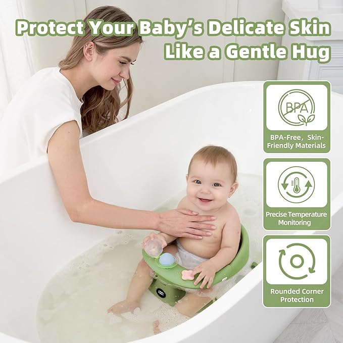 Baby Bath Seat for Babies 6 Months & up with Thermometer, Non-Slip Toddler Bath Seats for Sitting Up, Safe Infant & Newborn Bathtub Chair with 4 Suction Cups, Soft Cushion & Temperature Display, Green