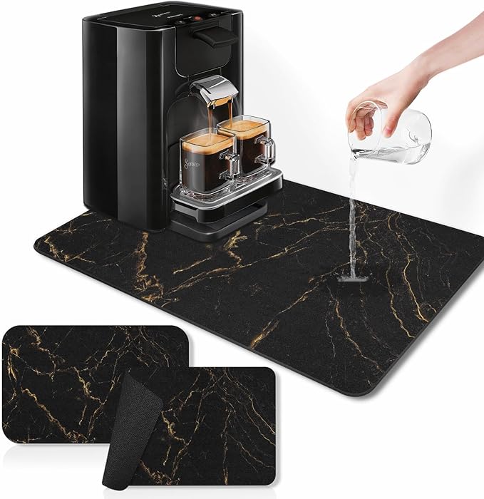 Arttown Coffee Mat for Countertops, Marble Black Gold Dish Drying Mat 2 Pcs for Kitchen Bar Accessories, Fit Under Coffee Maker Espresso Machine Dish Rack Hide Stain Rubber Backed 12x19in