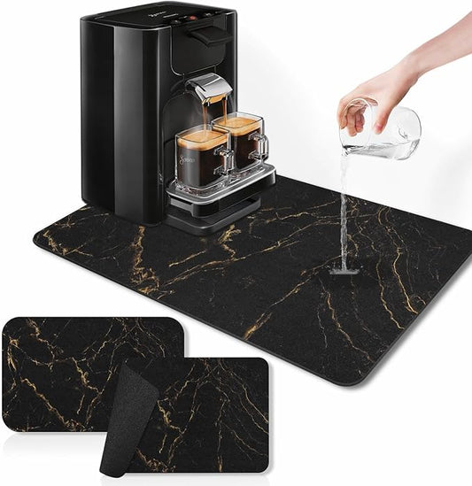 Arttown Coffee Mat for Countertops, Marble Black Gold Dish Drying Mat 2 Pcs for Kitchen Bar Accessories, Fit Under Coffee Maker Espresso Machine Dish Rack Hide Stain Rubber Backed 12x19in
