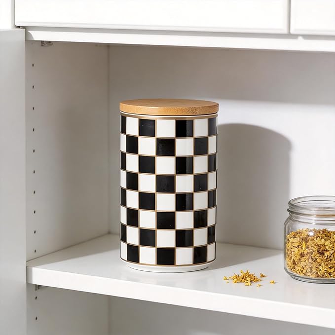 Kitchen Countertop Ceramic Checkered Canisters,Black And White Food Storage Containers With Lid,Airtight Kitchen Canisters for Flour, Sugar, Coffee, Tea, and Dry Goods (Black, Large)