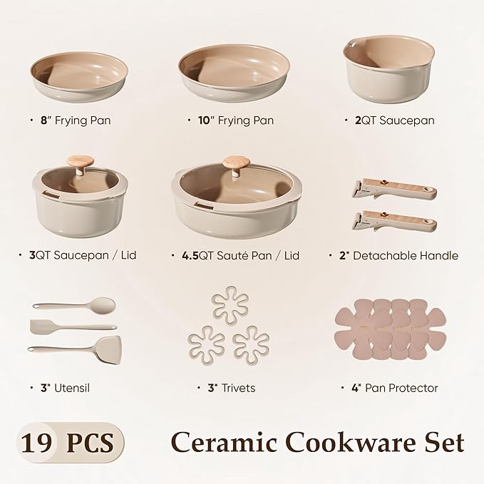 CAROTE 19 Pcs Ceramic Cookware Sets, Pots and Pans Set Non Stick,Detachable Handle, Induction & Oven Safe, Stackable Space-Saving, Cookware Non Stick Cooking Set (PFOS, PFOA Free)