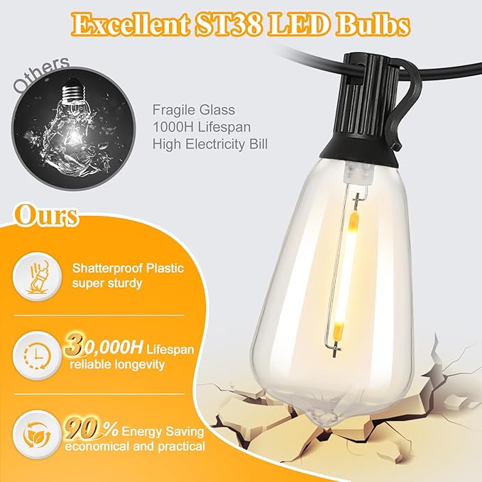 Brightever Outdoor String Lights 180FT, Patio Lights with 90+4 Dimmable ST38 Shatterproof LED Bulbs, Vintage Edison String Lights for Outside, Waterproof Bistro Lights for Halloween Backyard 2700K
