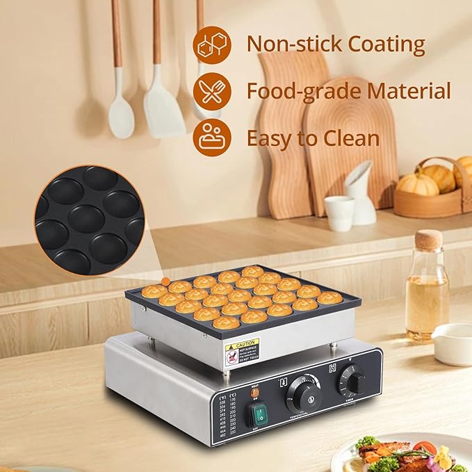 Mini Muffin Maker, 50 Hole Stainless Steel Electric Muffin Maker with 50-300°C Temperature and Time Control, Commercial Non-Stick Pancake Maker for Home and Restaurant Silver 850W 110V