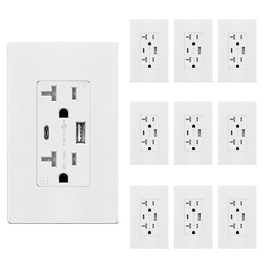 TOPGREENER USB Outlet, Type C USB Wall Outlet, 20 Amp Tamper-Resistant Receptacle Plug, USB Receptacle with 2 Ports, Wall Plate Included, UL Listed, TU22036AC-W-10PCS, White, 10 Pack