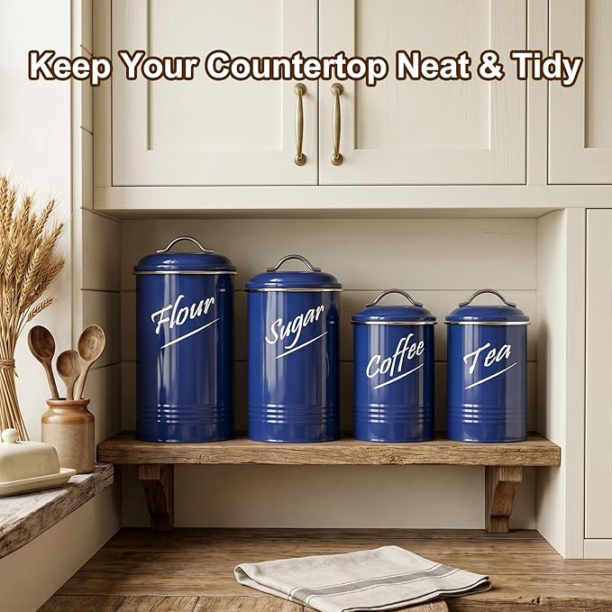 Hillbond Kitchen Canister Set of 4, Airtight Stainless Steel Food Storage Containers with Lids, Flour Sugar Coffee Tea Canisters for Countertop, Metal Kitchen Storage Jars, Navy Blue