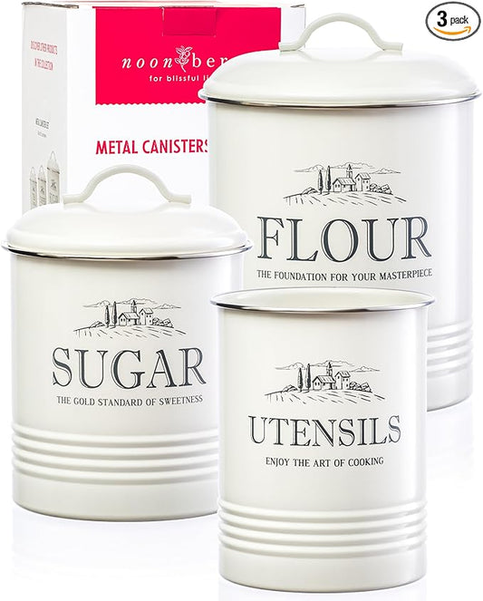 noonberry Kitchen Canisters for Countertop – 3-Piece Airtight Canister Set for the Kitchen Counter with Utensil Holder – Flour Sugar Containers – Cream-White Magnolia Finish