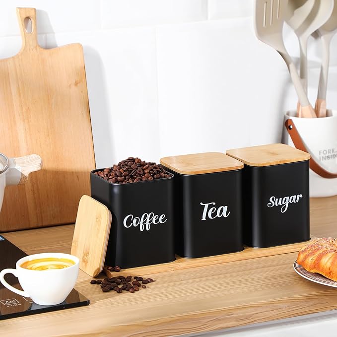 Tioncy Coffee Tea Sugar Container with Tray Set of 3 Airtight Metal Canister with Bamboo Lid Tray for Kitchen Counter Dining Room Farm House Kitchen Style Drink Station Organizer Set (Black)