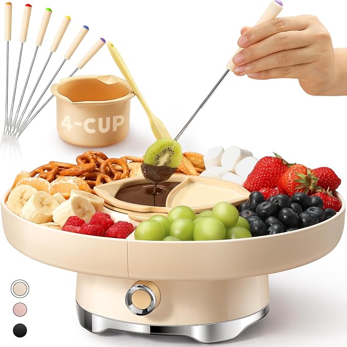 Electric Chocolate Fondue Set, 4-Cup Chocolate, Rotating Tray | Melt & Warm Modes, Dual Silicone Inserts, 6 Color-Coded Forks, Easy-Clean, Ideal for Candy Melts, Couple Family & Date Night