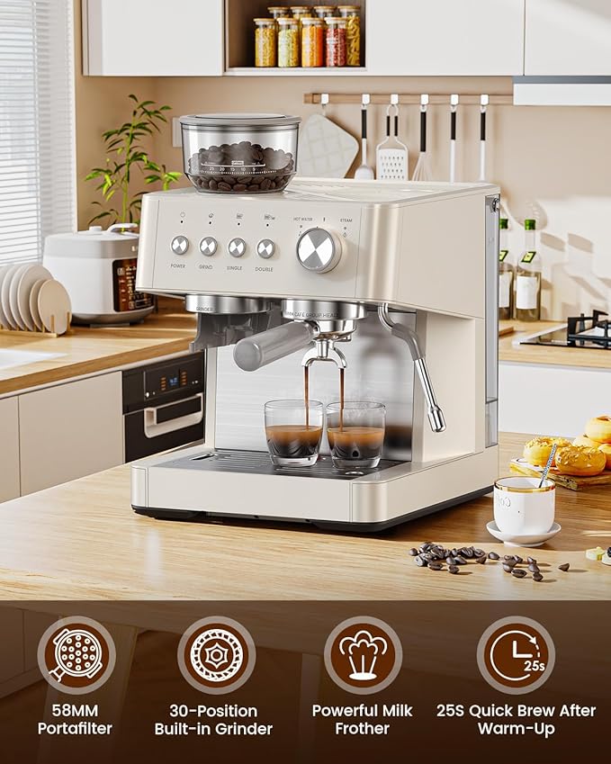 Espresso Machine with Grinder, 15 Bar Expresso Coffee Machines, Professional Coffee Maker for Latte & Cappuccino with Milk Frother, Expresso Machines for Home, Removable Water Tank, Steam Wand-Classic