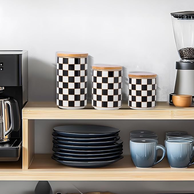 Kitchen Countertop Ceramic Canisters Set, 3Pcs Grid Pattern Kitchen Jars with Layered Shelves, Sealed Countertop Flour and Sugar Containers, Coffee and Tea Storage