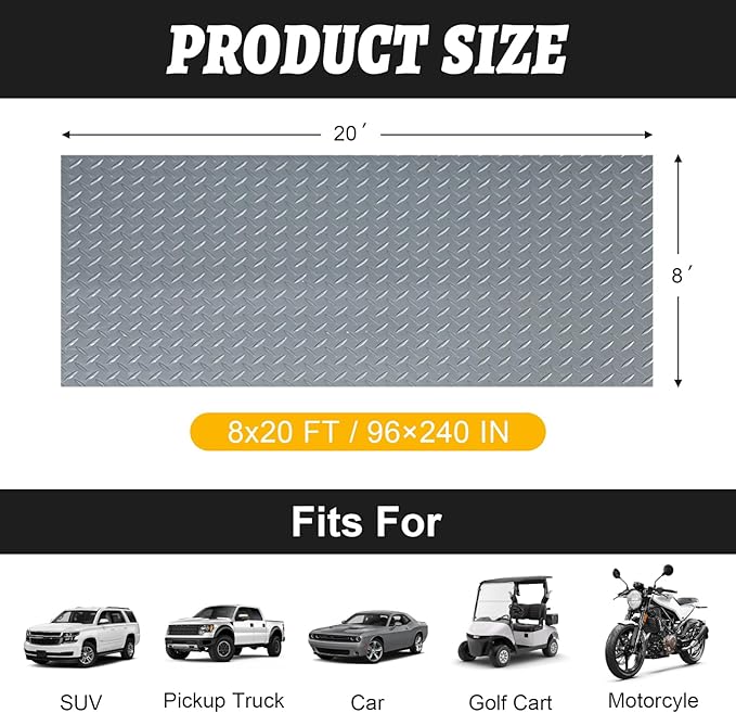Grandroad auto 8x20 FT Garage Floor Mat, 2.8mm Thickened Flooring Roll for Under Car Diamond Plate PVC Rubber Mat with 20 Pcs Tapes, Non-Slip Floor Mat for Garage, Warehouse, Gyms, Trailer, Gray