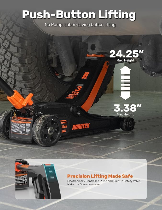 3 Ton Electric Floor Jack, Low Profile Jack for Quickly Car Lift, Hydraulic Service Jack, 6000 lbs Capacity. Lifting Range 3-3/8" to 24-1/4"