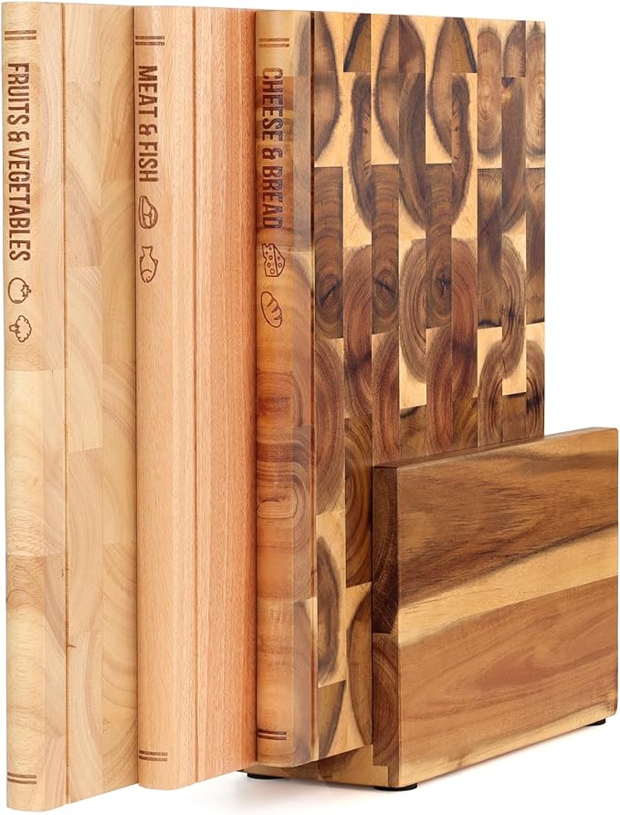 Book Cutting Board Set of 3 with Stand-The Cutting Board Library, Solid Wood Book-Shaped Boards for Serving & Display, Labeled Meat & Fish, Bread & Cheese, Fruits&Vegetables-Decorative Cutting Boards.