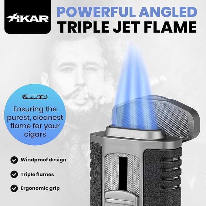 XIKAR Tactical Triple-Jet Lighter, Black and Gunmetal | Powerful Jet Flame for Cigars with Pocket Clip, EZ-View Fuel Window, Adjustable Flame Height & Pull Down Ignition Trigger, Ideal for Outdoor Use