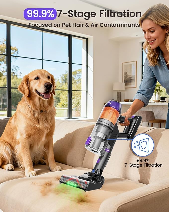 Cordless Vacuum Cleaner, 500W 40KPa 60Mins Vacuum Cleaners for Home, Powerful Stick Vacuum With Green Light, Anti-tangle Wireless Vacumm, Rechargeable Vacuum for Pet Hair/Carpet/Hardwood Floor, Purple