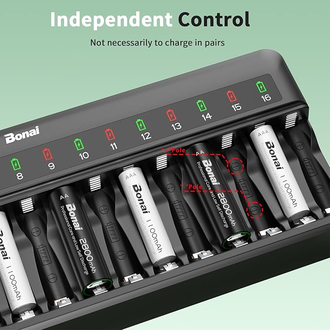 Bonai Rechargeable AA and AAA Batteries with Charger, 8 x 2800mAh AA & 8 x 1100mAh AAA & 16 Bay Advanced Individual Fast Battery Charge with American AC Plug