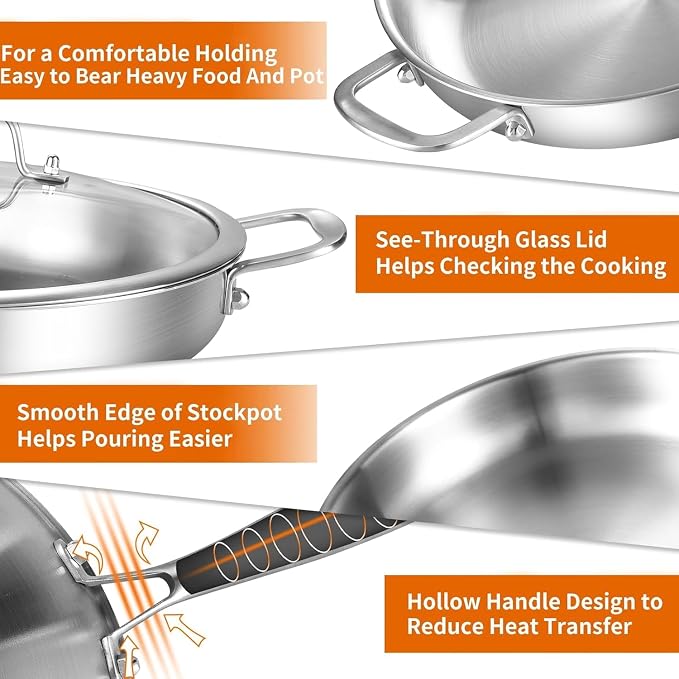 DELARLO Tri-ply Stainless Steel Pan 12 inch & 14 inch Frying Pan with Lid | Heavy Duty, PTFE & PFOA Free, Compatible with Induction, Electric up to 600℉, Fast & Even Heating, Oven Safe Skillet