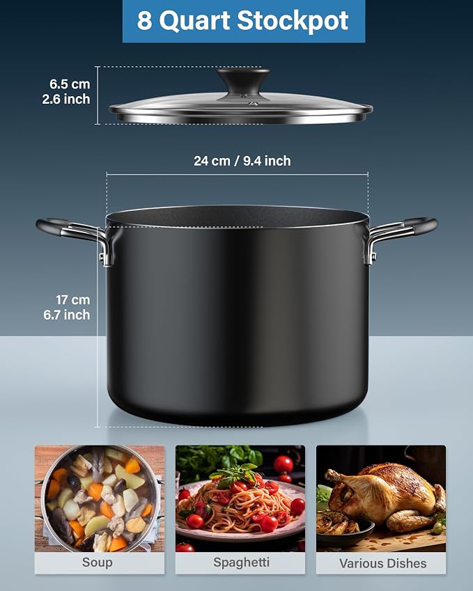 Cook N Home 8 Quart Non Stick Stock Pot with Lid, Large Pots for Cooking | Nonstick Soup Pot, Stockpot Induction Cookware - Oven & Dishwasher Safe, Black