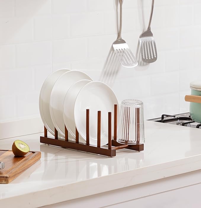 HBlife 2pcs 6 Slots Teak Dish Plate Bowl Cup Book Pot Lid Cutting Board Drying Rack Stand Drainer Storage Holder Organizer Kitchen Cabinet（Keep Dry）