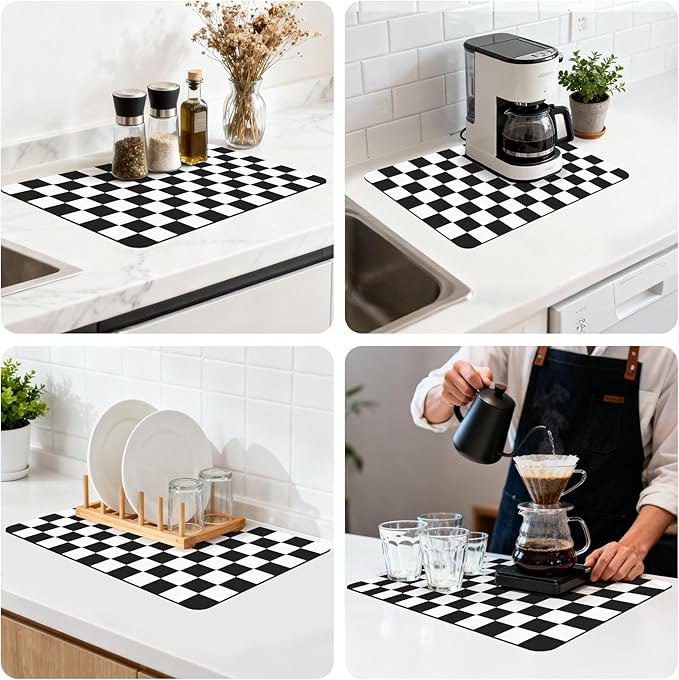 16" x 24" Checkered Dish Drying Mat for Kitchen Counter, Absorbent Coffee Bar Mat for Espresso Machine Coffee Countertops Accessories, Black