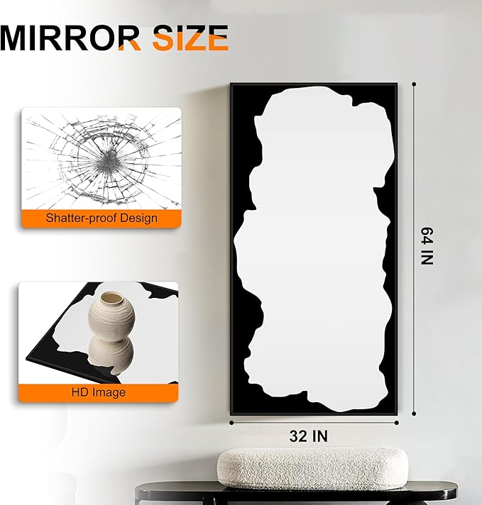 Full-Length Mirror Free Standing Leaning Mirror with Artistic Black Abstract Overlay Deco, 64"x32" Shatterproof Wall-Mounted Mirror, Perfect for Living Room, Bedroom, Cloakroom, and Bathroom Decor