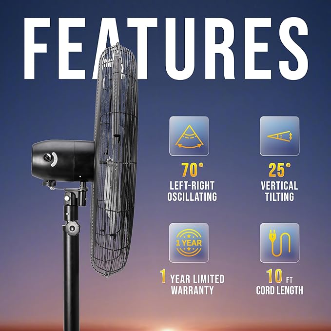 Tornado 30 Inch High Velocity Pedestal Fan, 8850 CFM, Oscillating, 3 Aluminum Blades, UL Listed for Commercial and Industrial Use, Black Stationary Stand Fan