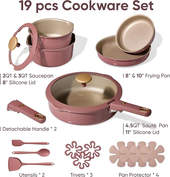 CAROTE 19 Pcs Pots and Pans Set, Nonstick Cookware Sets with Detachable Handle, Titanium Reinforced, Oven Safe, Cookware Non Stick Cooking Set w/Frying Pans & Saucepans Red(PFOS, PFOA Free)