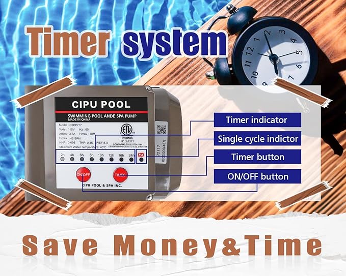 CIPU Pool Pump with Timer 2700GPH 115V Powerful Self Priming Above Ground Swimming Pool Pump 0.35HP with Filter Basket Low Noise for Pools Hot Tub Spa Water Circulation