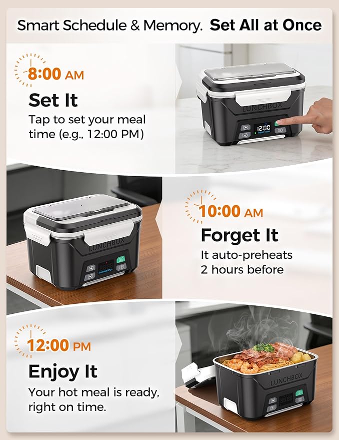 EAST OAK 5.5-Cup Cordless Electric Lunch Box for Adults, Heated Lunch Box for Men with Scheduled Heating, Portable Car Food Warmer with Utensils, One-Tier Bag, Removable Divider