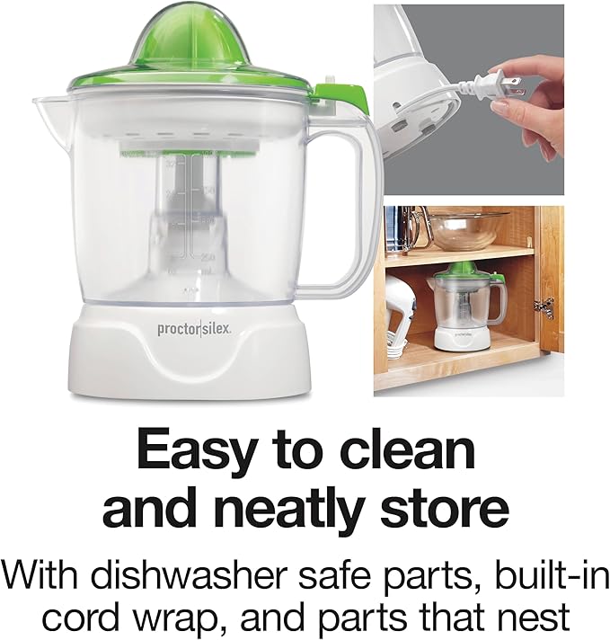 Proctor Silex Electric Citrus Juicer Machine, Large 34 oz. Pitcher, Pressure Activated, 2 Reamers for Big and Small Fruit, Pulp Control, for Orange, Lemon, fruit Juice, White,Green (66340) (Pack of 2)
