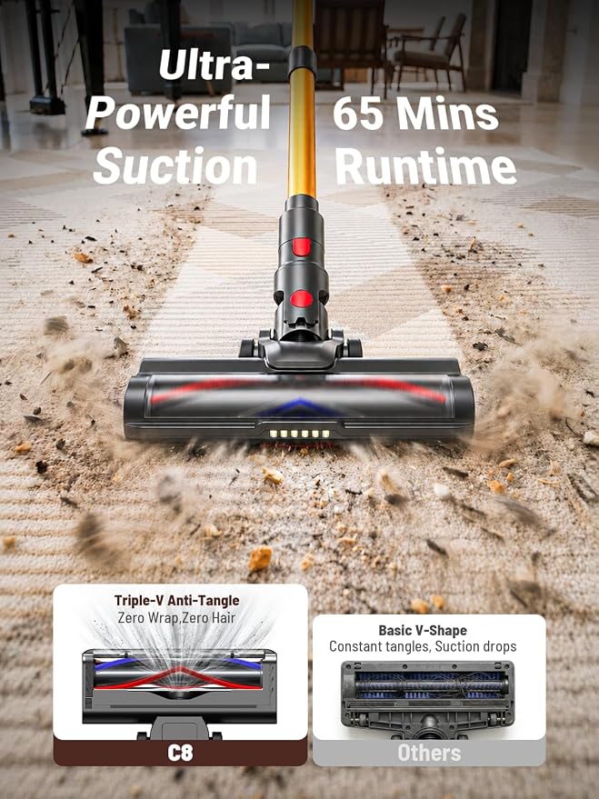 CHEBIO Cordless Vacuum Cleaner, 550W/45Kpa Vacuum Cleaners for Home with LED Display, Anti-Tangle&Wall Mount, 65Mins Wireless Vacuum, 8 in 1 Lightweight Stick Vacuum for Hard Floor/Carpet/Hair