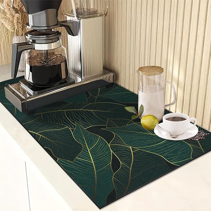 Arttown Coffee Mat for Countertop, Golden Banana Leaf Emerald Green Dish Drying Mat 2 Pcs for Kitchen Bar Accessories, Coffee Maker Espresso Machine Rubber Backed 12x19in