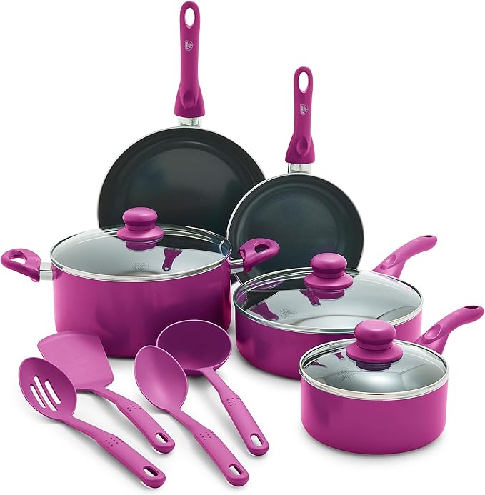 GreenLife Essentials 12 Piece Cookware Set, PFAS-Free Ceramic Nonstick Pots & Pans, Induction Ready for All Cooktops, Kitchen Cooking & Serving Utensils, Dishwasher Safe, Magenta Pink