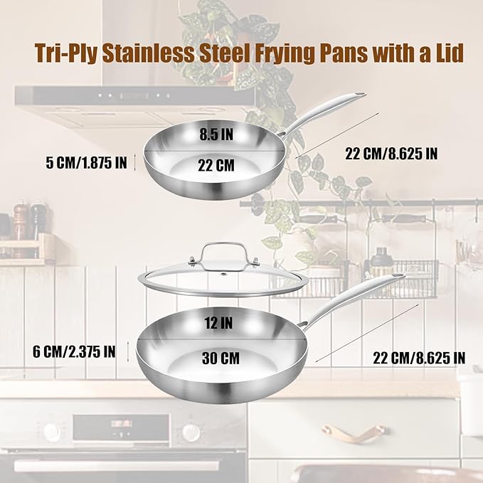 LOLYKITCH 8-12 Inch Tri-ply Stainless Steel Frying Pans Set with a Lid,Skillets,Induction Cooking Pans,Dishwasher and Oven Safe, Detachable Handle