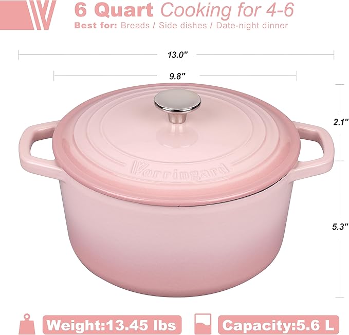 VORRINGARD Enameled Cast Iron Dutch Oven Pot with Lid, for Bread Baking, Round Bread Oven- include Sourdough Bread Baking Supplies Set, 6QT, Pink