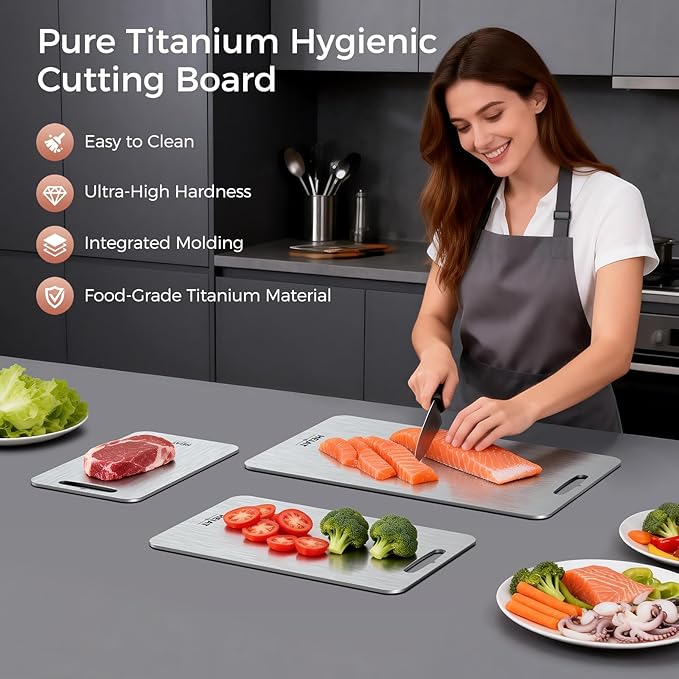 Titanium Cutting Board Set of 3, 100% Pure Titanium Cutting Boards for Kitchen, Non-Toxic, Double-Sided Chopping Boards for Raw & Cooked Food, Handles Included, Dishwasher Safe(10” x 6”)