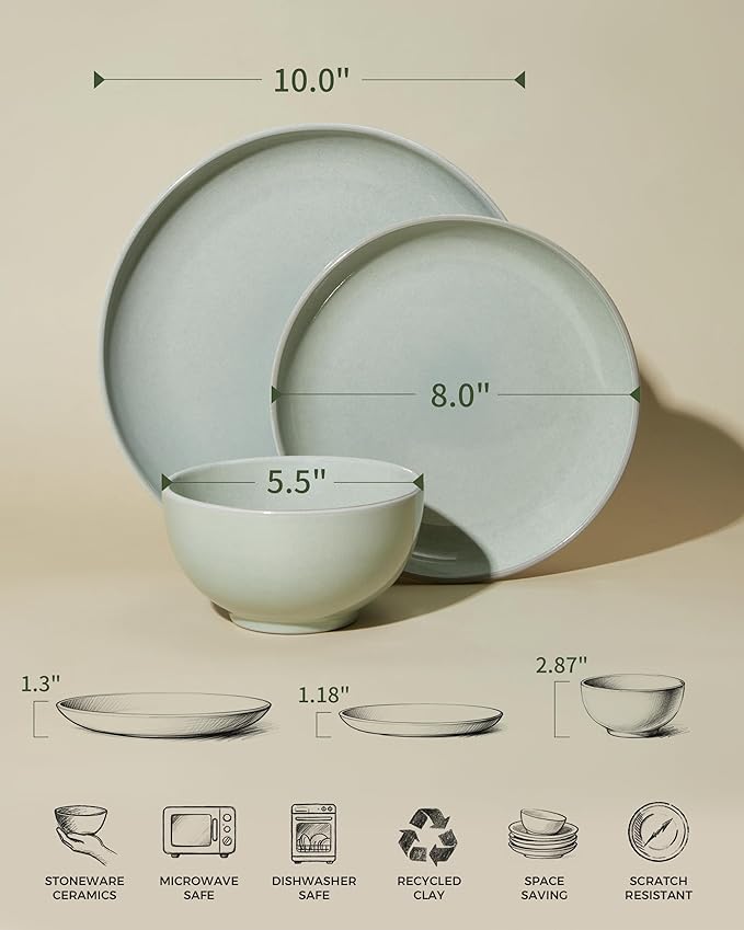 Pokini 24 Piece Dinnerware Set for 8, Santorini Mist Terracotta Plates and Bowls Sets, Complete Stoneware Dish Set for Large Families and Entertaining, Microwave & Dishwasher Safe, Slate Green