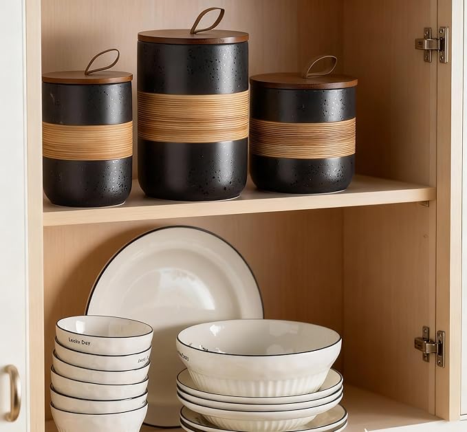 Miamolo Large Storage Containers with Lids, Ceramic Coffee Container Kitchen Food Storage Jars for Spice Sugar Tea Bag, Stackable Decorative Jars for Counter, Black & 61 fl.oz