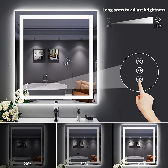 LOAAO 32"X36" LED Bathroom Mirror with Lights, Anti-Fog, Dimmable, Backlit + Front Lit, Lighted Bathroom Vanity Mirror for Wall, Memory Function, Tempered Glass, ETL Listed