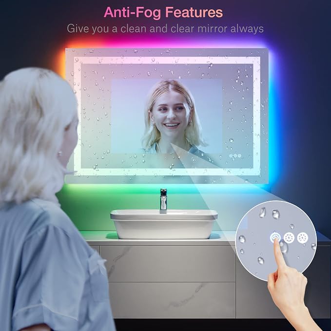 LOAAO 48"X30" RGB LED Bathroom Mirror with Lights, Anti-Fog, Dimmable, Lighted Bathroom Vanity Mirror, Multiple Light Modes, RGB Backlit + Front Light, Memory Function, Tempered Glass, ETL Listed