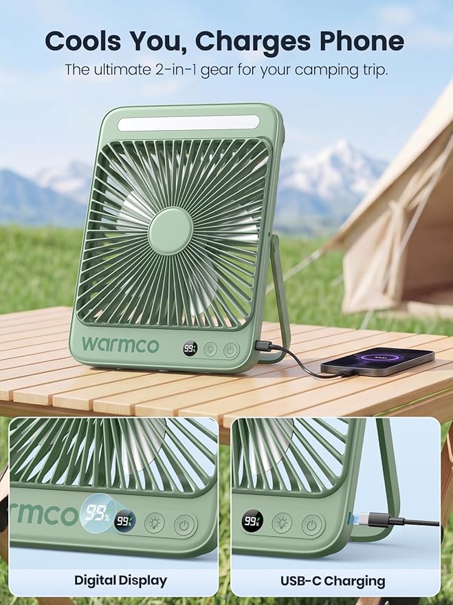 Warmco 20000mAh Battery Powered Fan, 8-Inch Ultra-Slim Portable Camping Fan with LED Lantern, Up to 48H Runtime Rechargeable Desk Fan for Bedroom, Outdoor, Tent, Travel, Cruise Ship Essentials