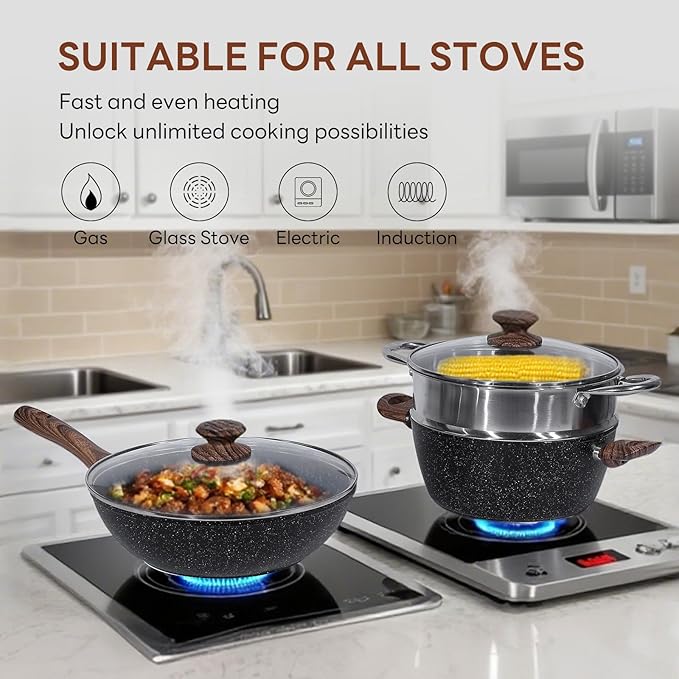 DUMOS 17 Pcs Pots and Pans Set, Nonstick Kitchen Cookware Set, Induction Cooking Sets with Stay-Cool Handles, Black