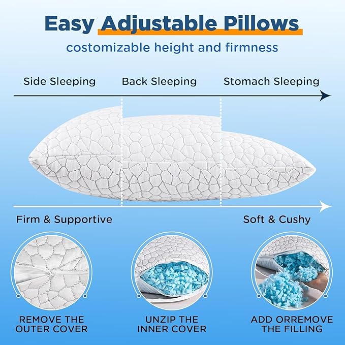 Cooling Pillows Queen Size Set of 2 Shredded Memory Foam Pillows for Side Back Stomach Sleepers, Two-Sided Cool Adjustable Firm or Soft Bed Pillow Luxury Gel Neck Pillow for Neck Shoulder Pain Relie