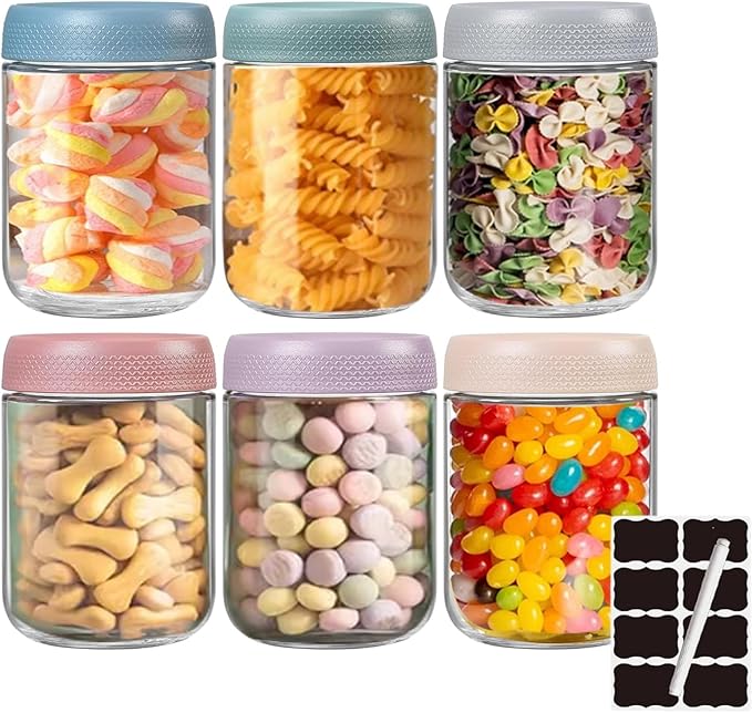 Glass Jars with Plastic Lids [Set of 6], Canisters with Airtight, Glass Food Storage Containers for Coffee, Sugar,Tea, Candies, Cookies