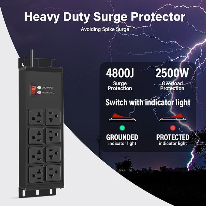 CCCEI Heavy Duty Power Strip Surge Protector 20 AMP Switch, 12 Gauge Extension Cord with Multiple Outlets, Industrial, Shop, Garage High Amp Wall Mount Electric Extender. 10FT, Black.
