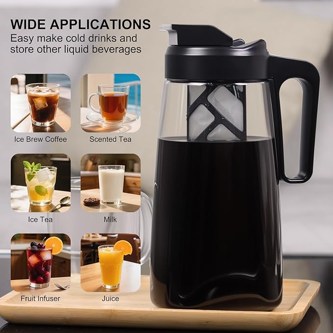 Sivaphe Large Ice Cold Coffee Maker 64 oz, Dishwasher Safty Traitan Carafe Pitcher Leak Proof, Iced Hot Coffee/Tea Brewer Method 2 Quart with Reusable Filter